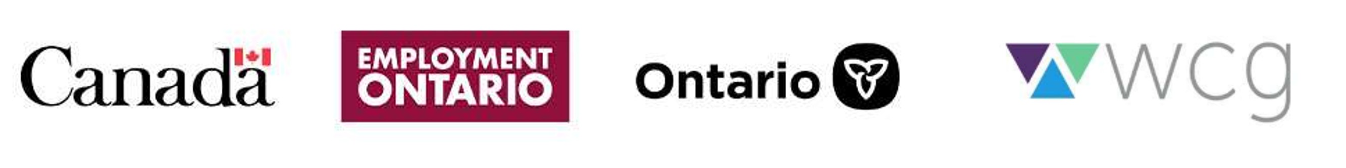 Logos pour les gouvernements du Canada, de l'Ontario, Emploi Ontario et WCG